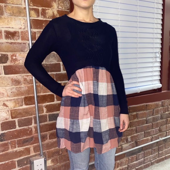 THML Dresses & Skirts - DONATED - Navy Plaid Check Sweater Tunic Shirt Dress